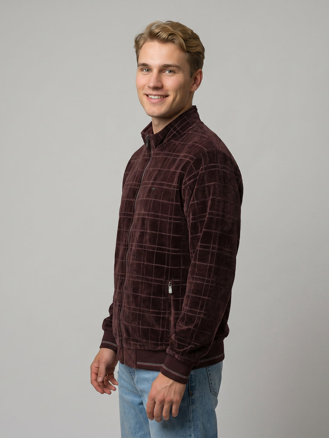 Men Maroon Check Hooded Full Sleeve Knitted Jacket