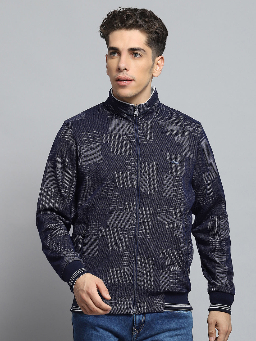 Men Off White Printed Mock Neck Full Sleeve Knitted Reversible Jacket