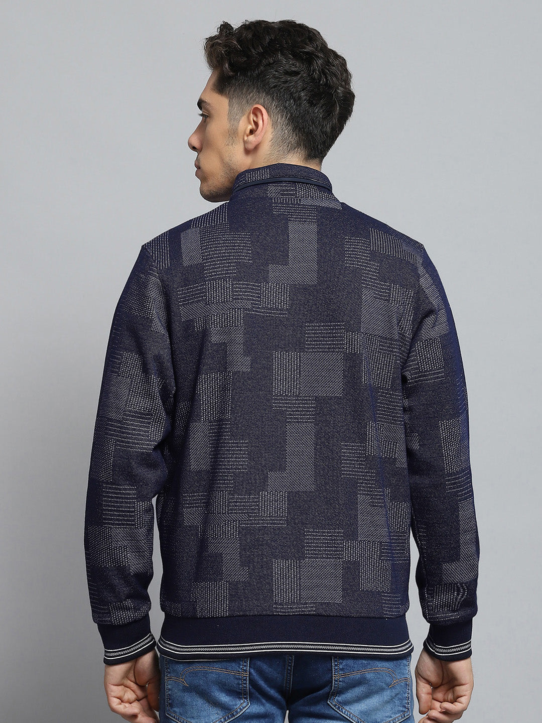 Men Off White Printed Mock Neck Full Sleeve Knitted Reversible Jacket