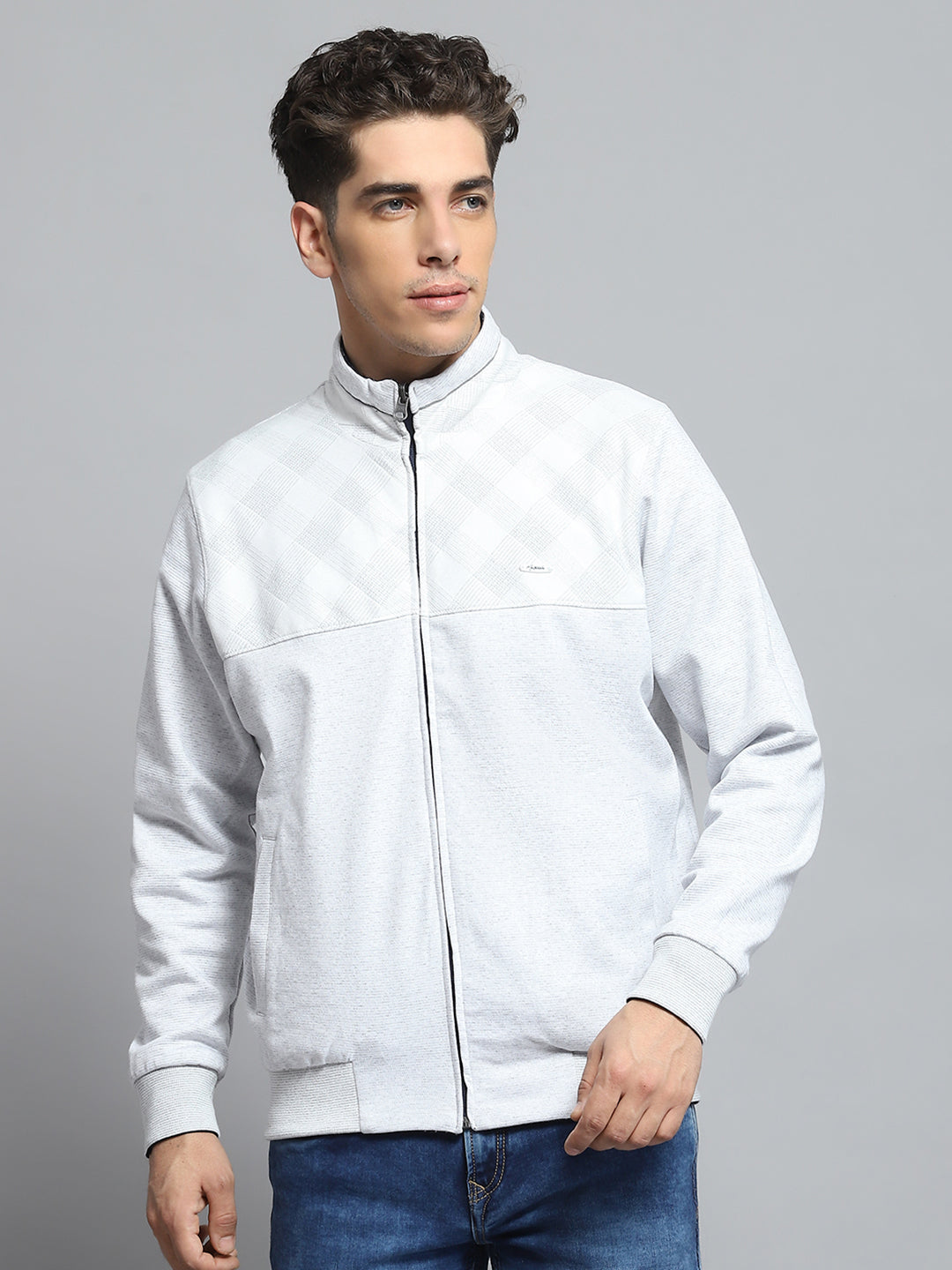 Men Off White Printed Mock Neck Full Sleeve Knitted Reversible Jacket