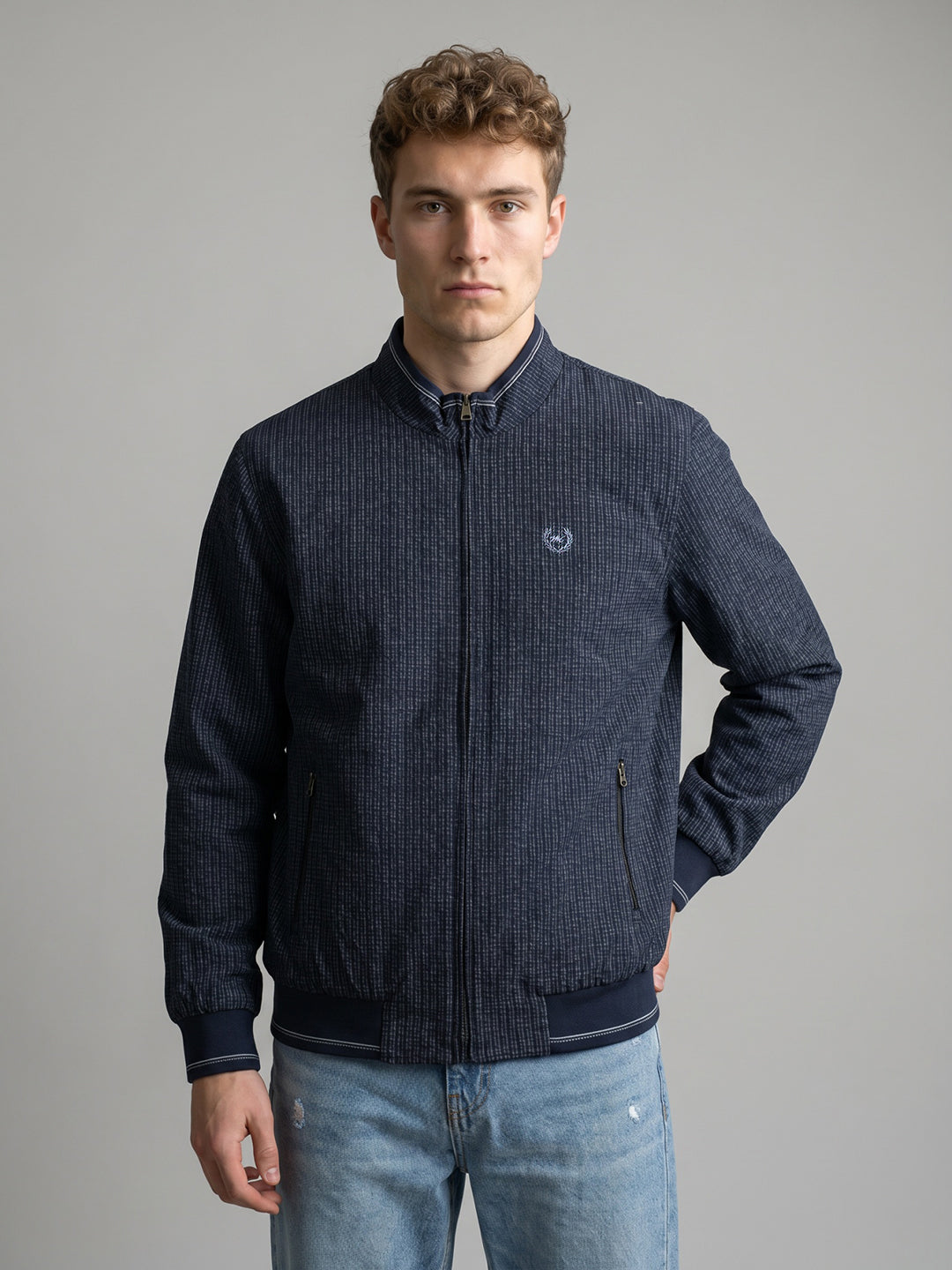 Men Navy Blue Jacquard Collar Full Sleeve Reversible Knitted Jacket