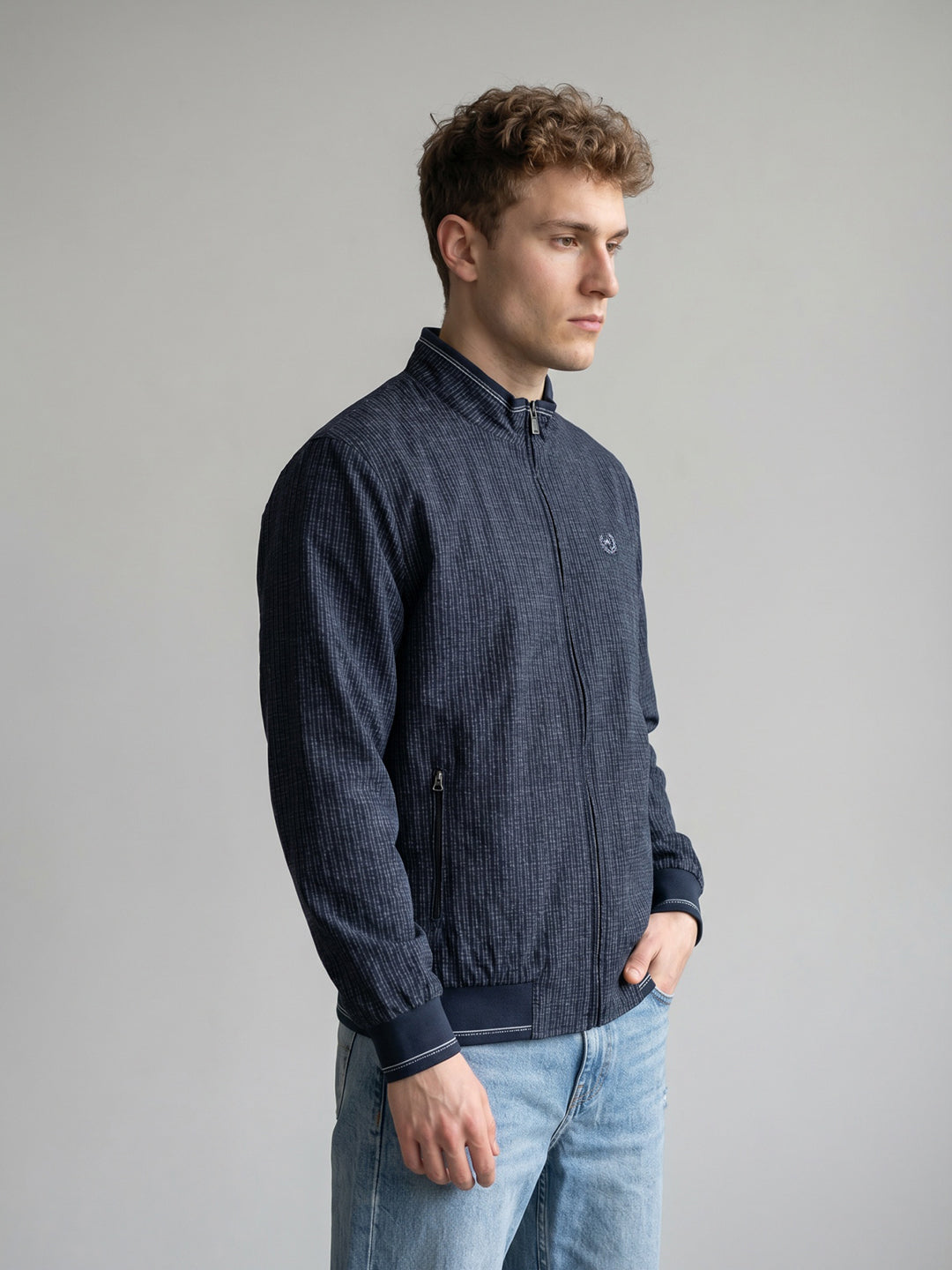 Men Navy Blue Jacquard Collar Full Sleeve Reversible Knitted Jacket