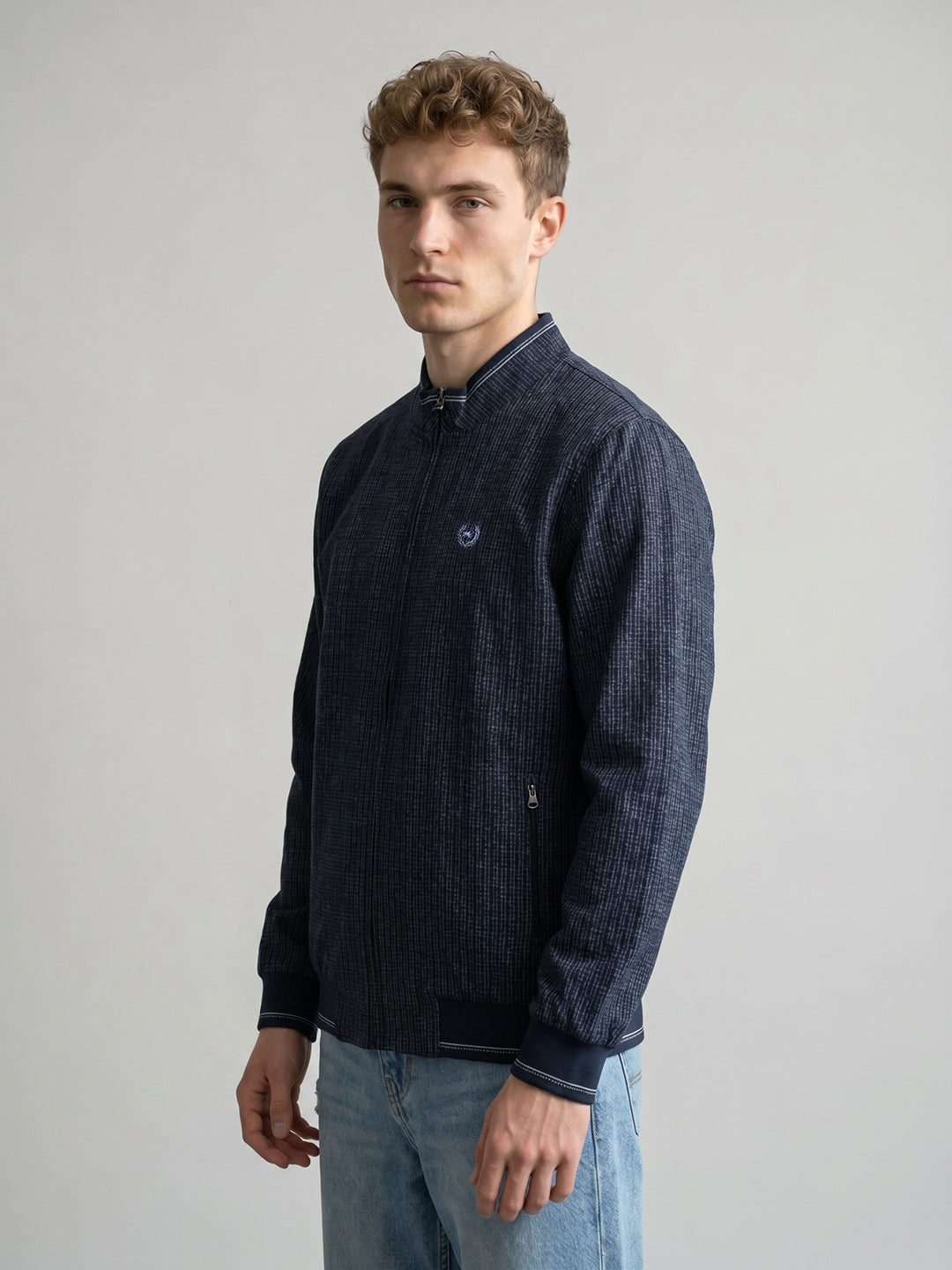 Men Navy Blue Jacquard Collar Full Sleeve Reversible Knitted Jacket