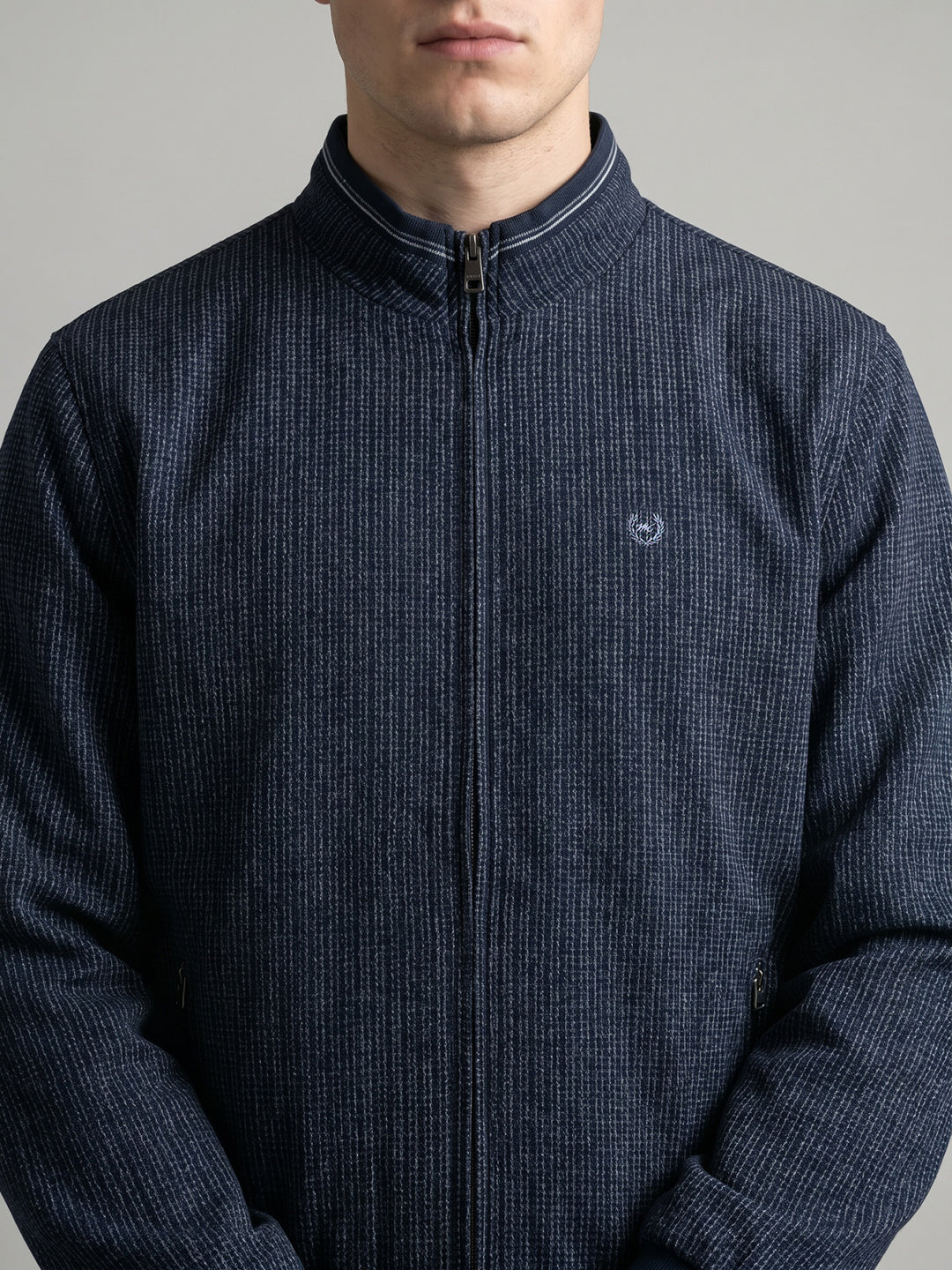 Men Navy Blue Jacquard Collar Full Sleeve Reversible Knitted Jacket