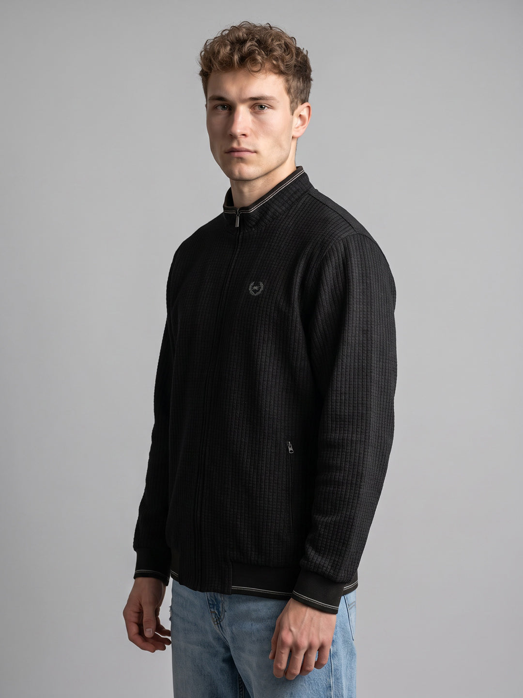 Men Black Jacquard Collar Full Sleeve Reversible Knitted Jacket