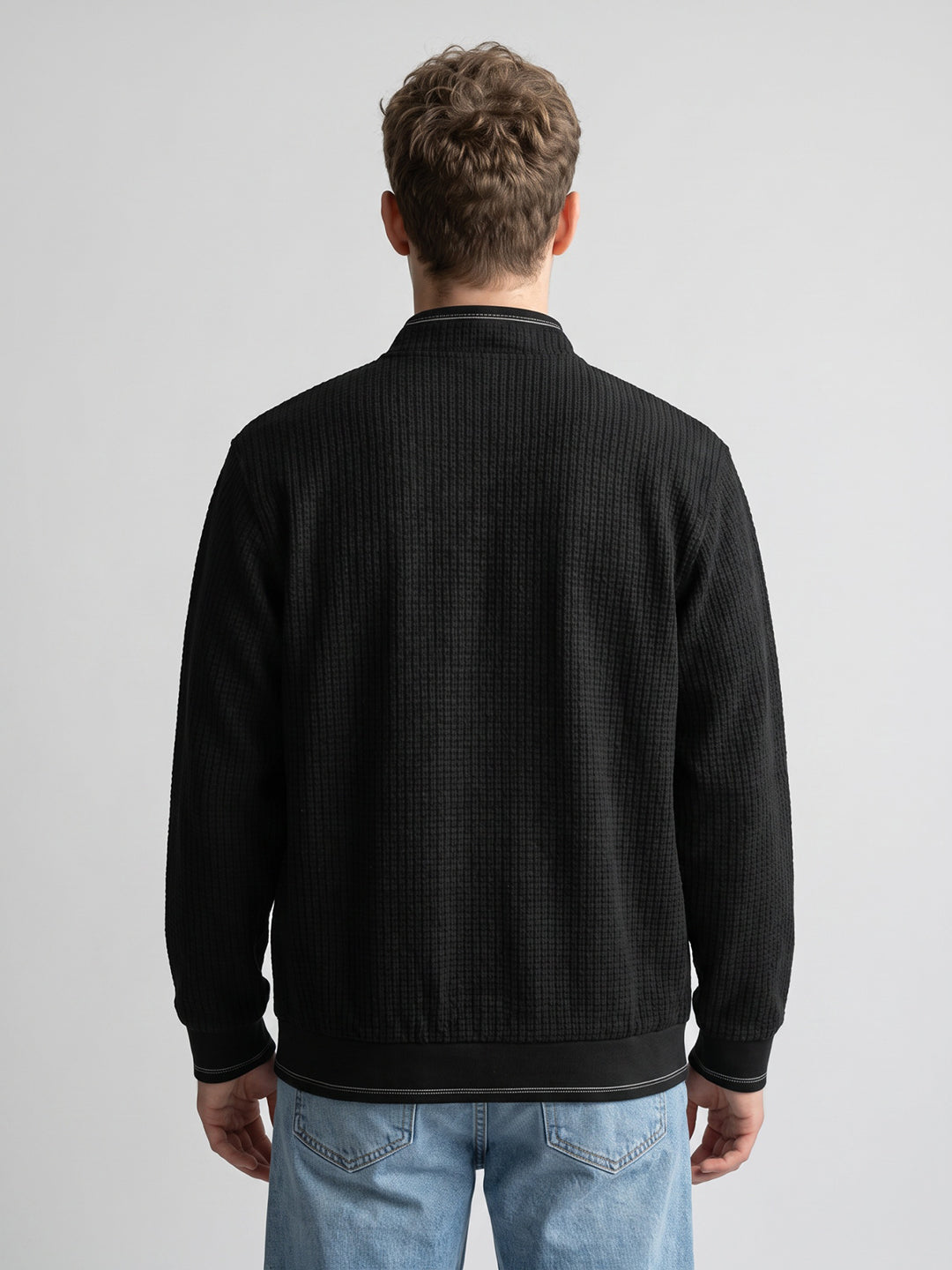 Men Black Jacquard Collar Full Sleeve Reversible Knitted Jacket