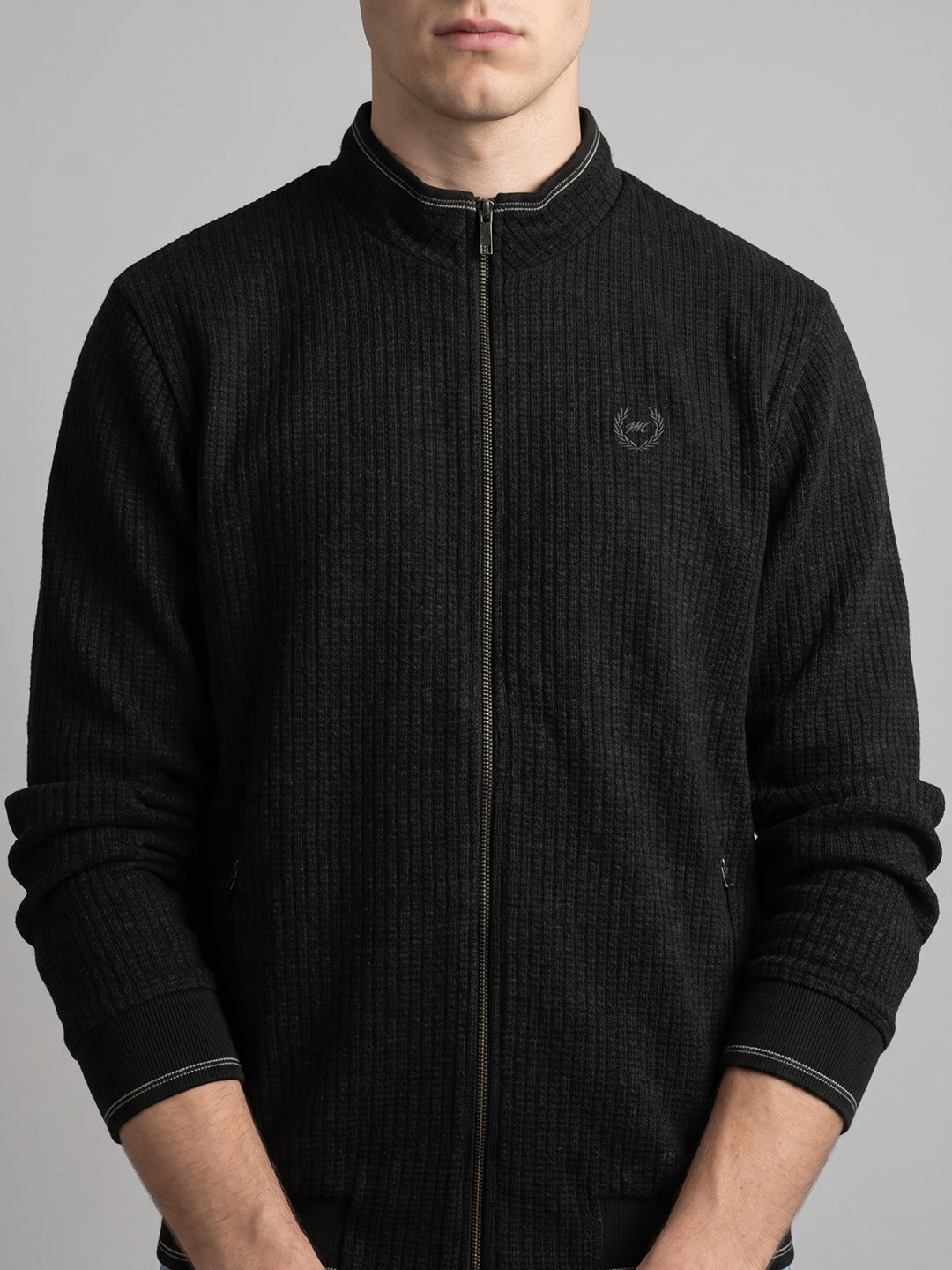 Men Black Jacquard Collar Full Sleeve Reversible Knitted Jacket