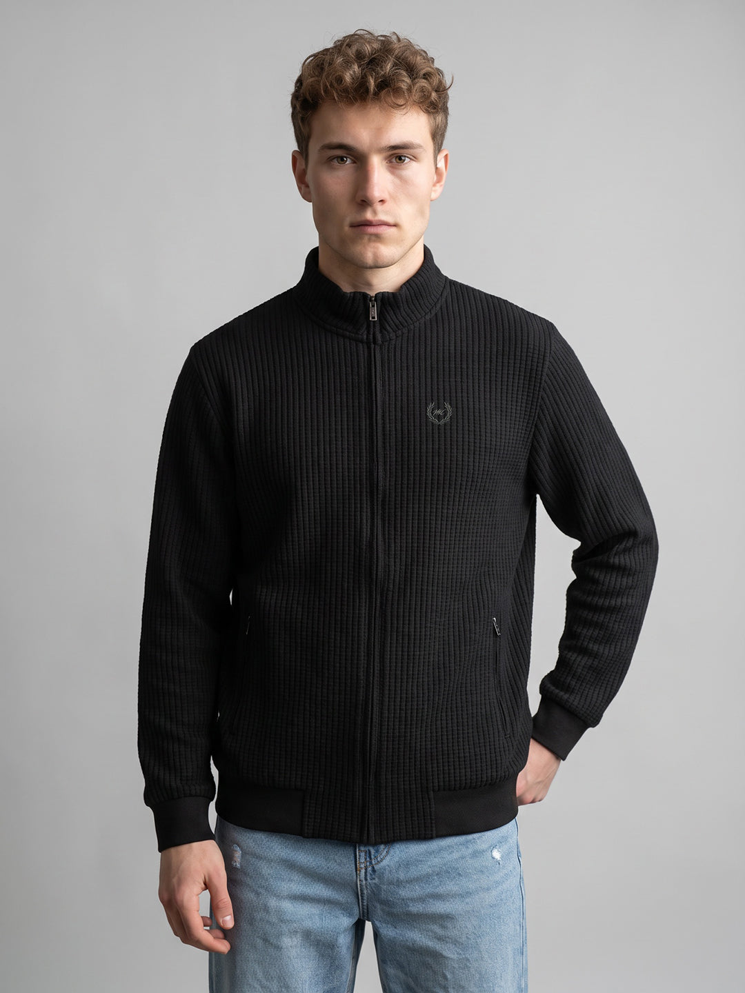 Men Black Jacquard Collar Full Sleeve Reversible Knitted Jacket