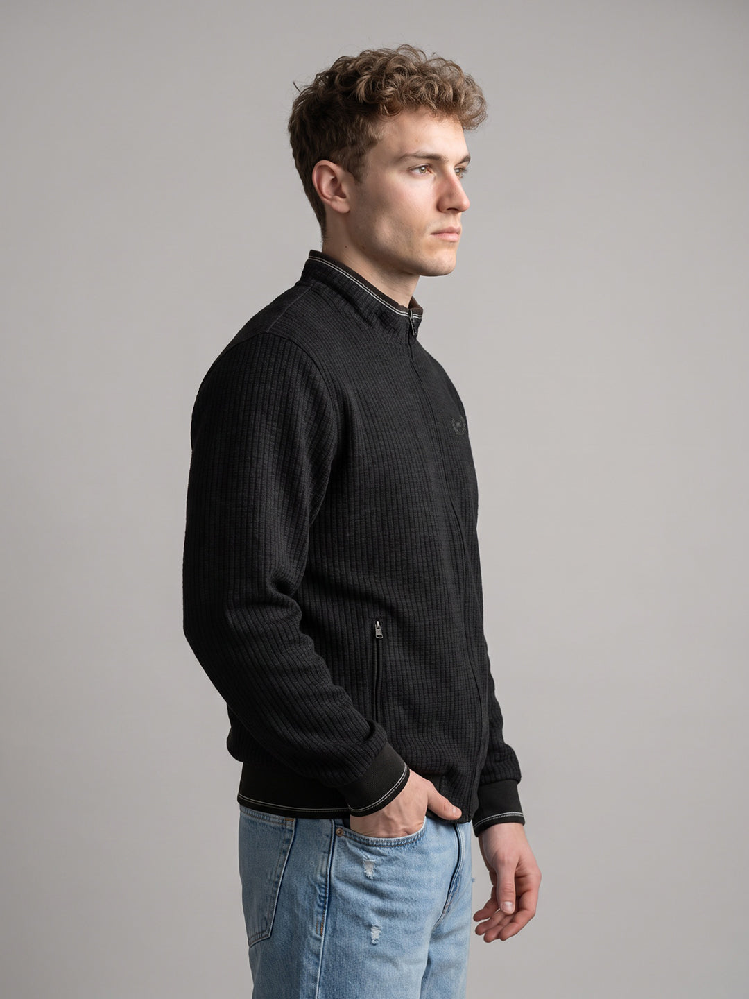 Men Black Jacquard Collar Full Sleeve Reversible Knitted Jacket
