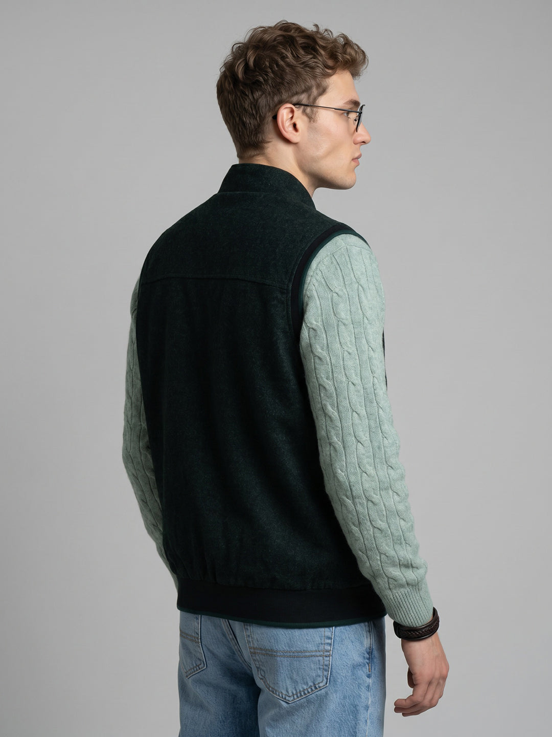 Men Green Melange Turtle Neck Sleeveless Reversible Knitted Jacket