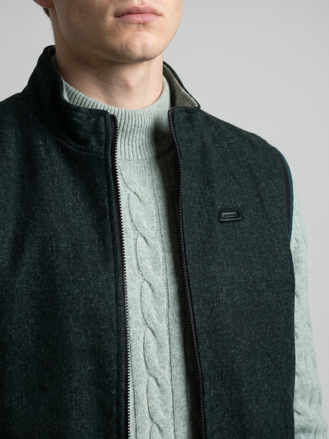 Men Green Melange Turtle Neck Sleeveless Reversible Knitted Jacket