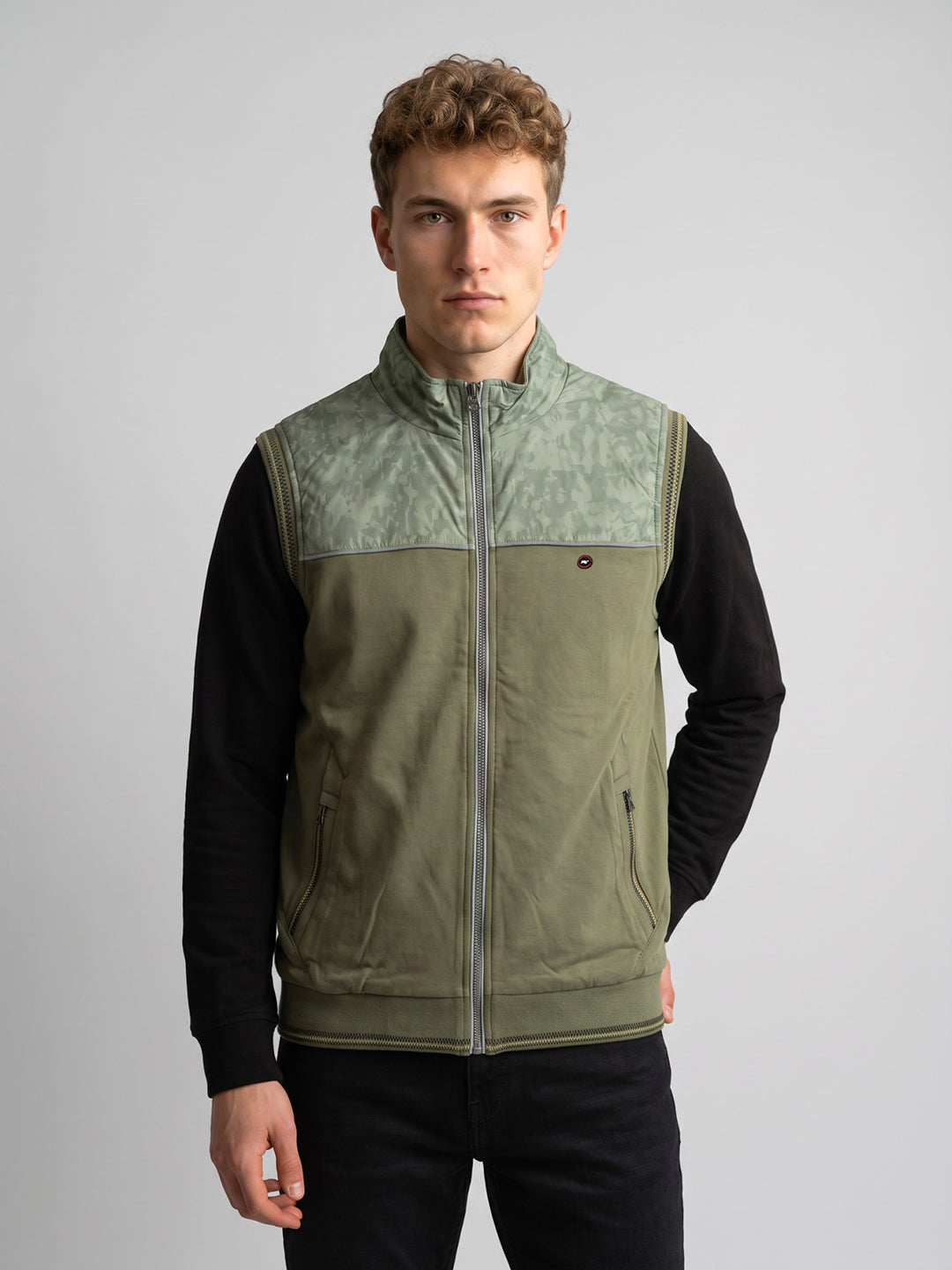 Men Green Self Design Collar Sleeveless Bomber Jacket