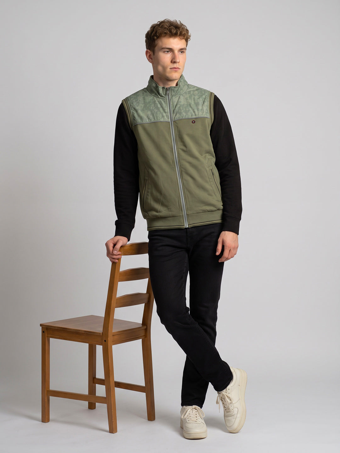 Men Green Self Design Collar Sleeveless Bomber Jacket