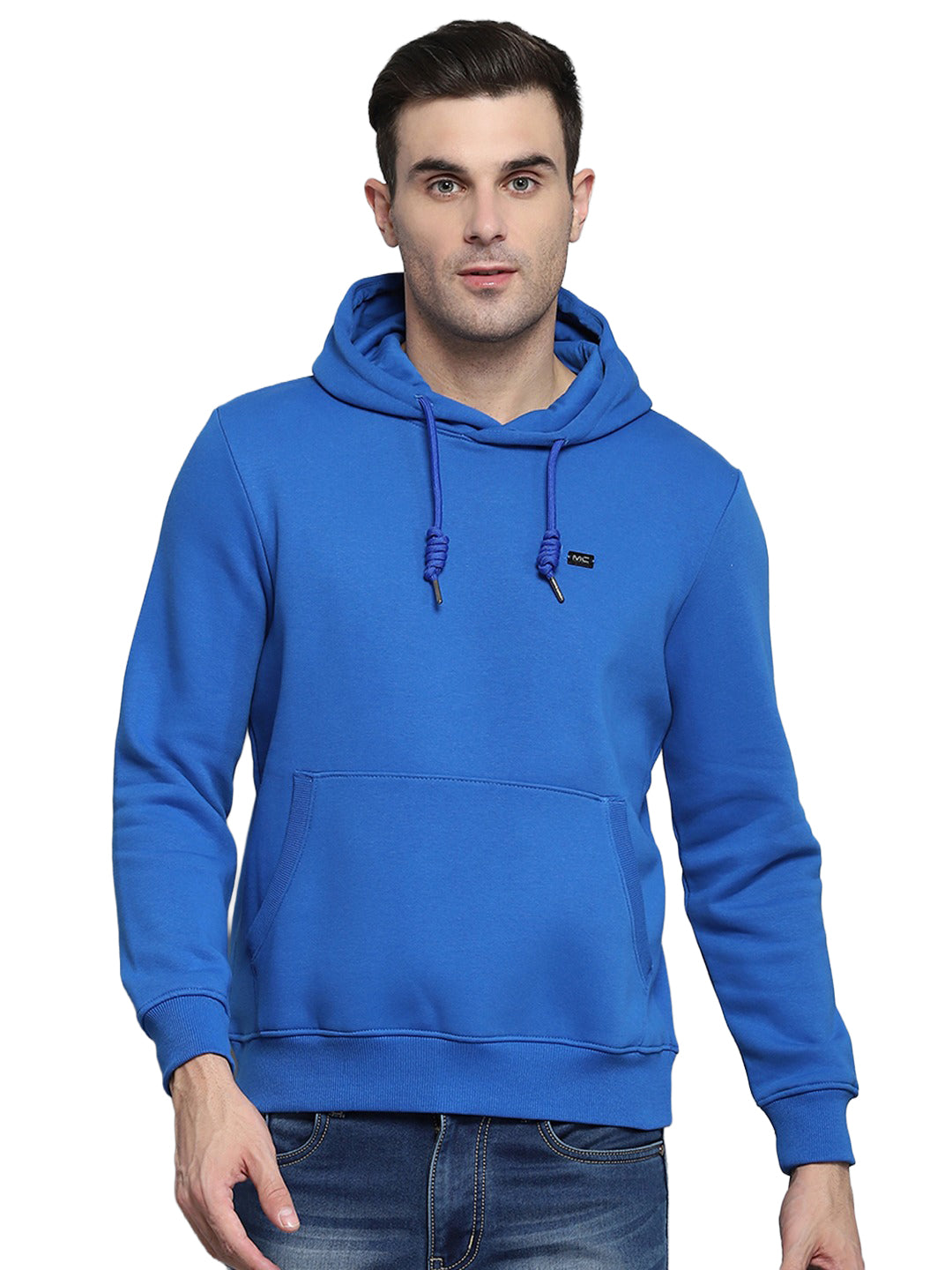 Men Royal Blue Solid Hooded Full Sleeve Sweatshirt