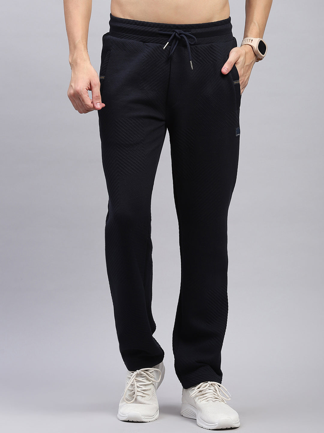 Buy Men Navy Blue Self Design Regular Fit Lower Online in India - Monte ...