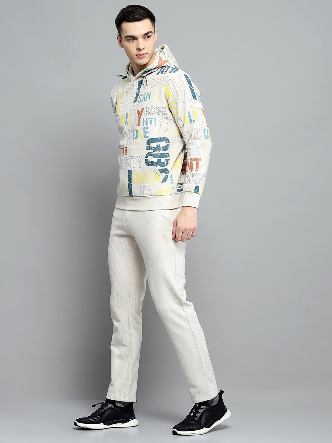 Men Beige Printed Hooded Full Sleeve Winter Tracksuit