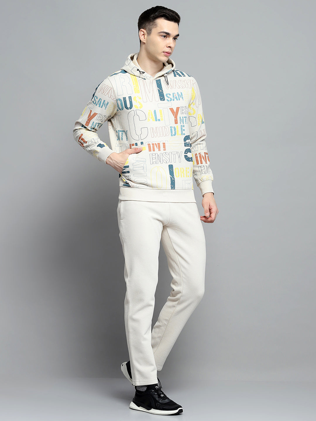 Men Beige Printed Hooded Full Sleeve Winter Tracksuit