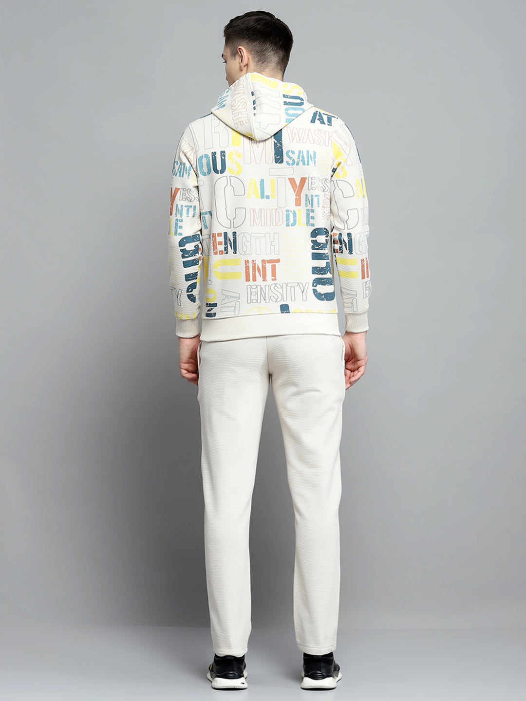 Men Beige Printed Hooded Full Sleeve Winter Tracksuit