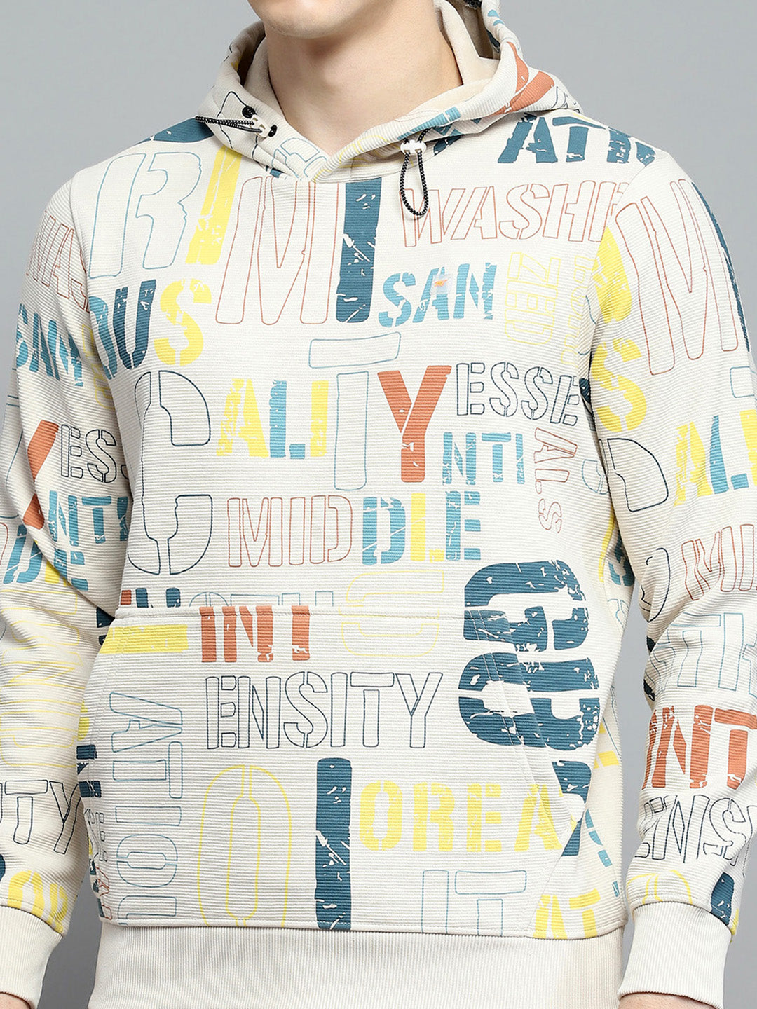 Men Beige Printed Hooded Full Sleeve Winter Tracksuit