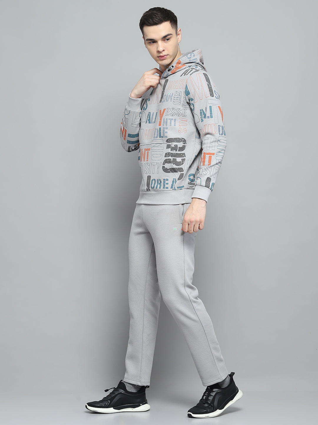 Men Grey Printed Hooded Full Sleeve Winter Tracksuit