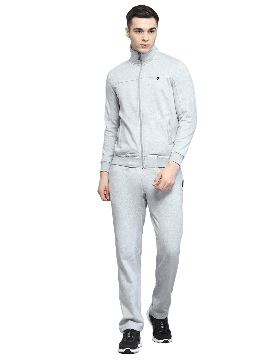 Men Grey Solid Collar Full Sleeve Winter Tracksuit