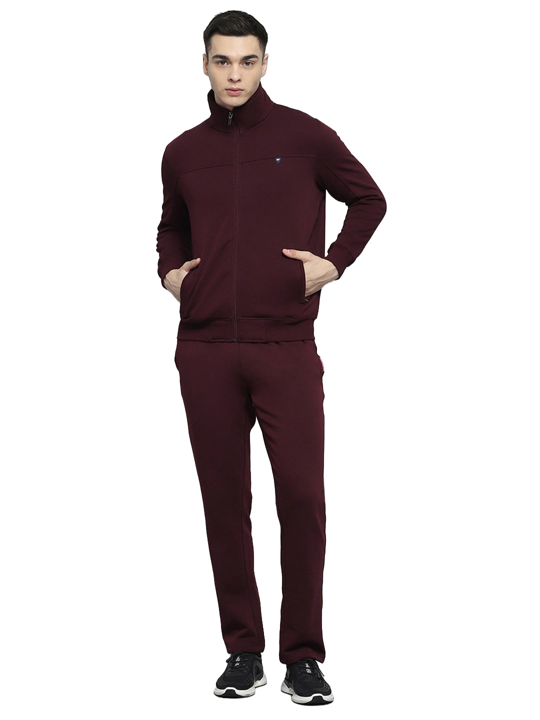 Men Maroon Solid Collar Full Sleeve Winter Tracksuit