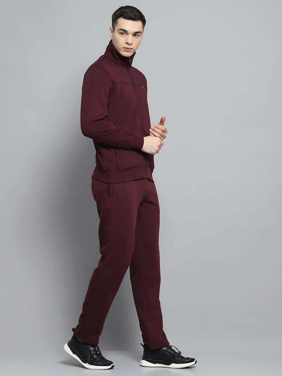 Men Maroon Solid Collar Full Sleeve Winter Tracksuit
