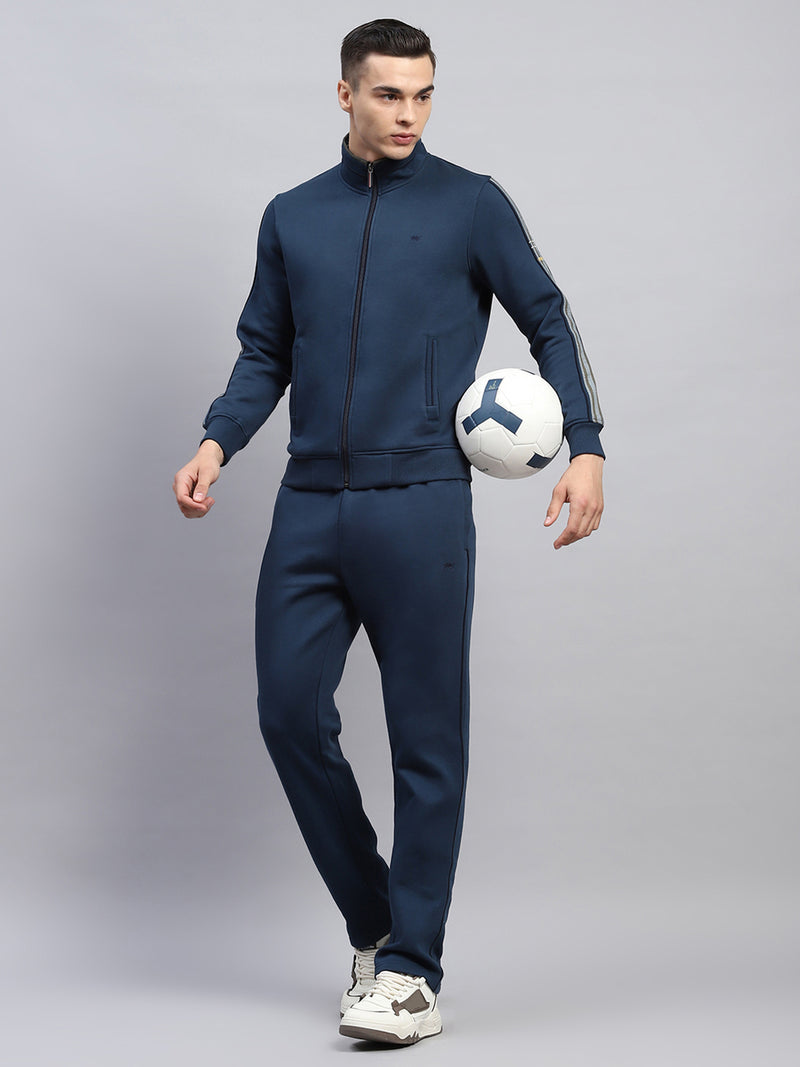 Buy Men Navy Blue Solid Mock Neck Full Sleeve Winter Tracksuit Online ...