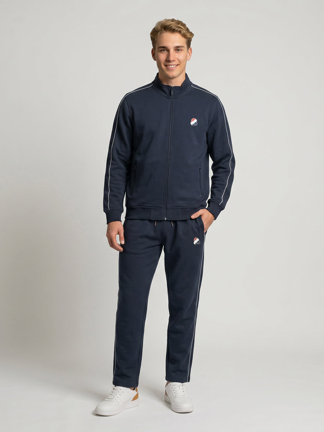 Men Navy Blue Solid Turtle Neck Full Sleeve Tracksuit