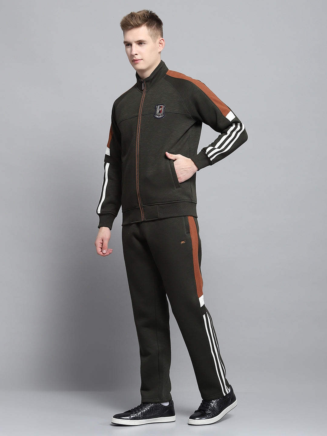 Men Olive Self Design Mock Neck Full Sleeve Winter Tracksuit