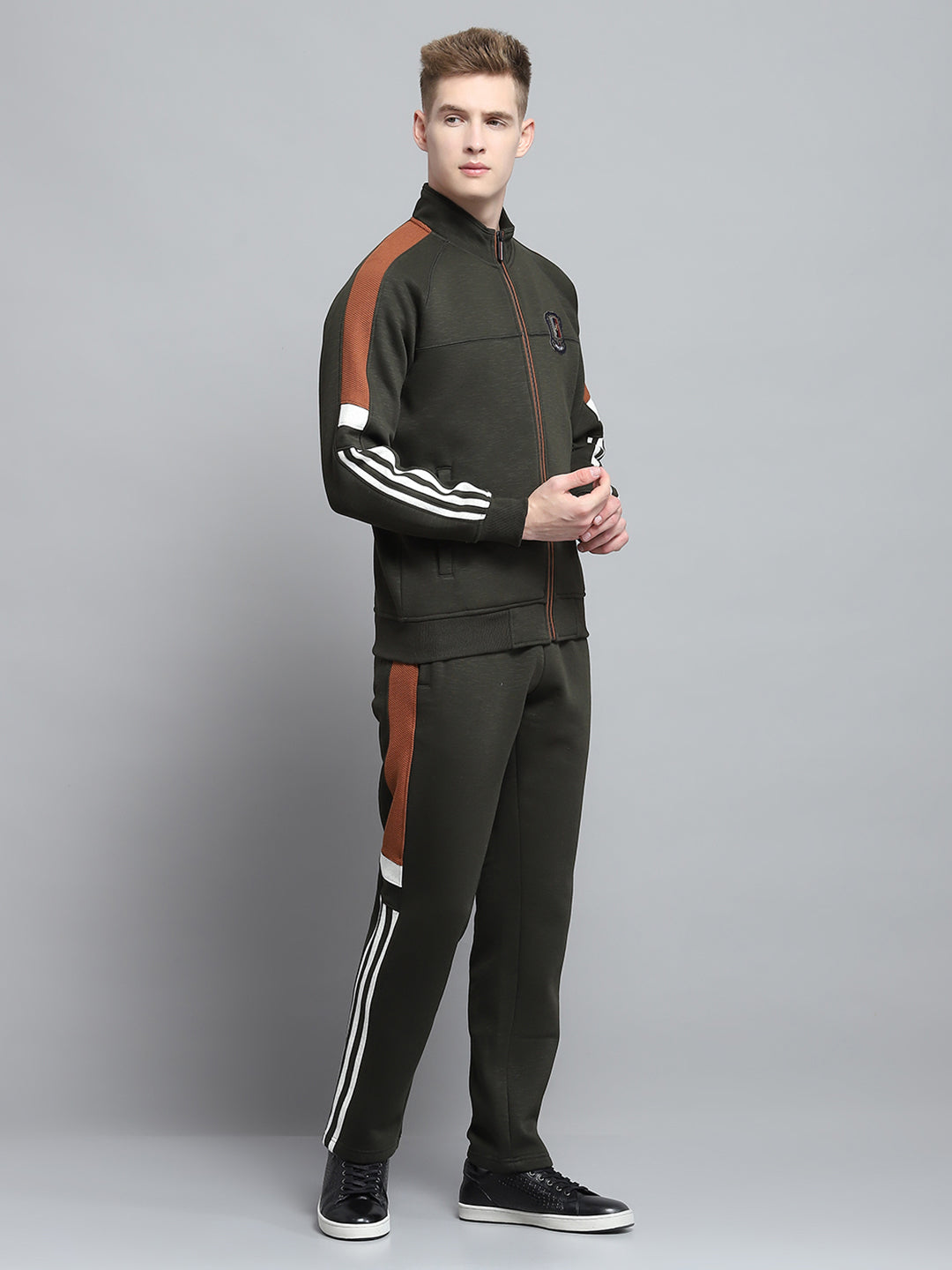 Men Olive Self Design Mock Neck Full Sleeve Winter Tracksuit