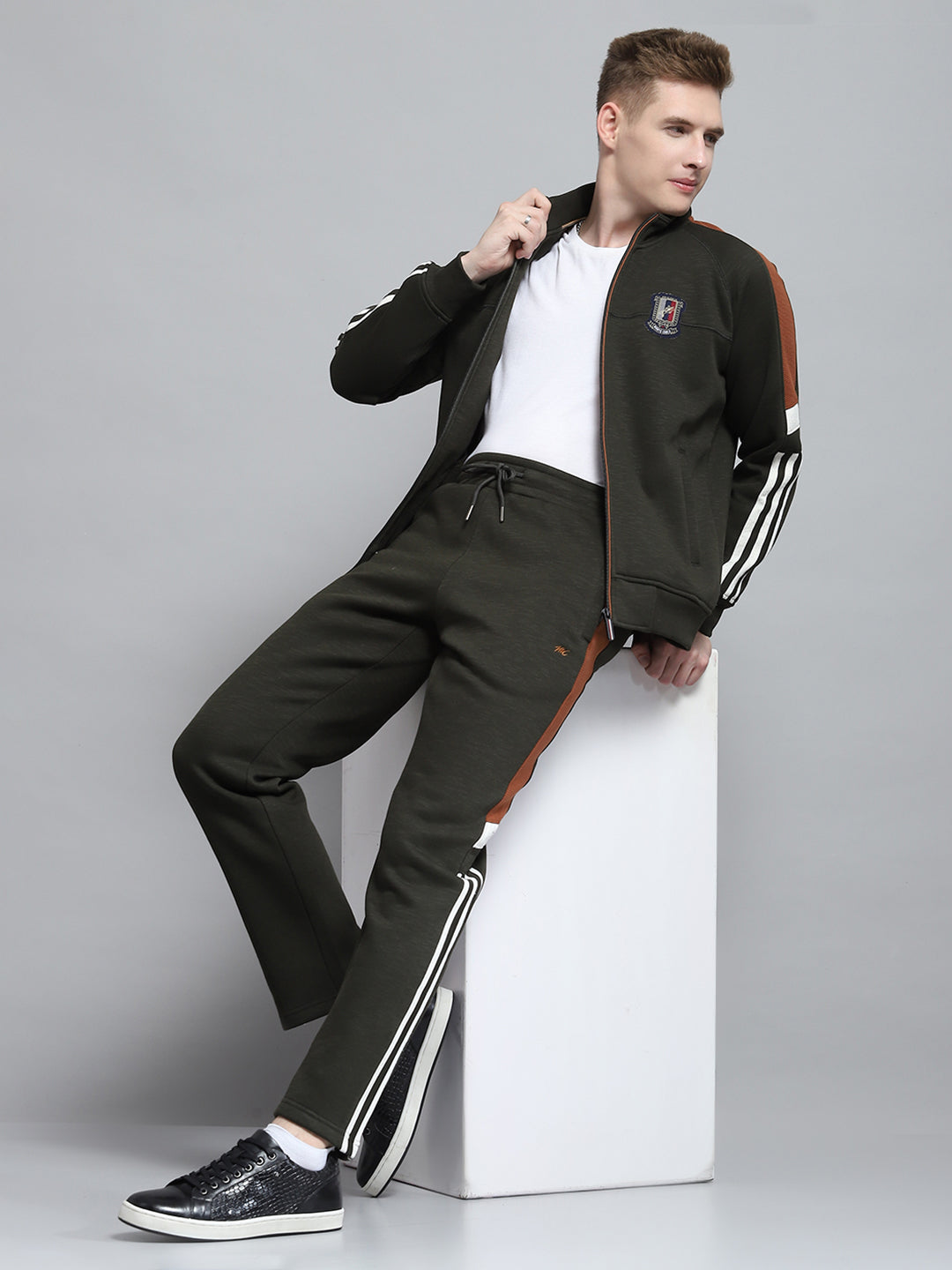 Men Olive Self Design Mock Neck Full Sleeve Winter Tracksuit