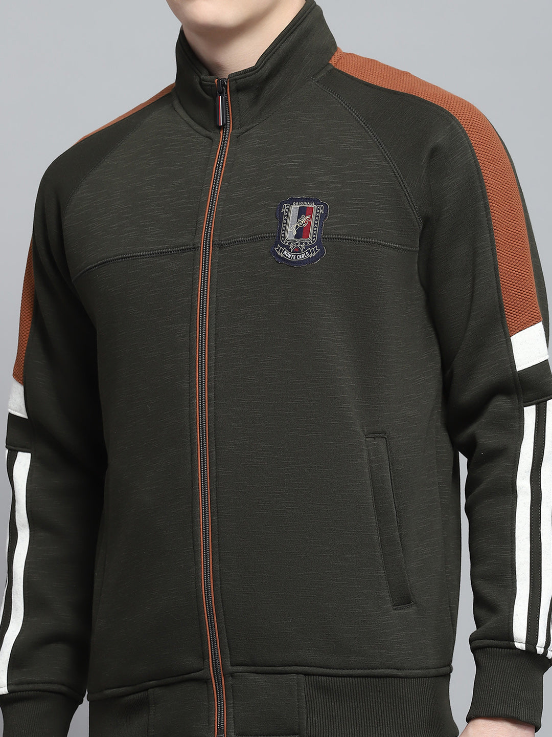 Men Olive Self Design Mock Neck Full Sleeve Winter Tracksuit
