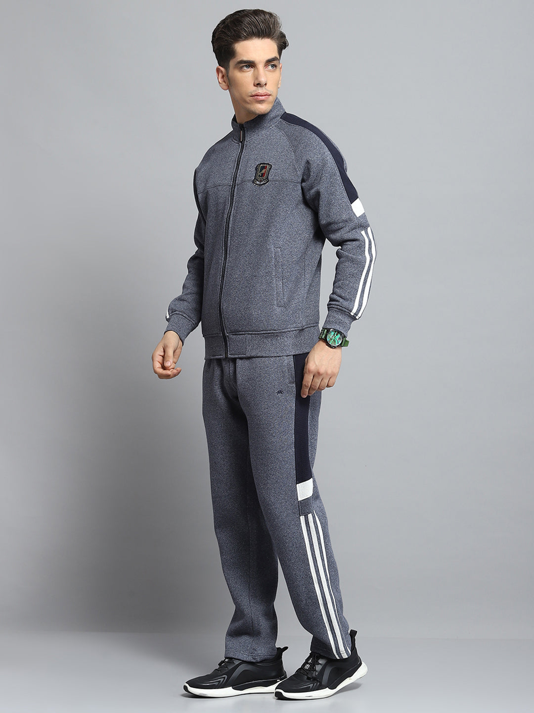 Men Grey Self Design Mock Neck Full Sleeve Winter Tracksuit