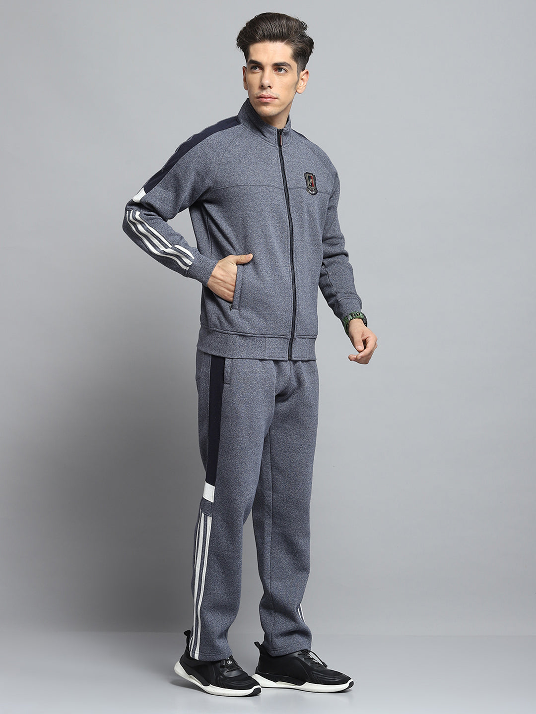 Men Grey Self Design Mock Neck Full Sleeve Winter Tracksuit