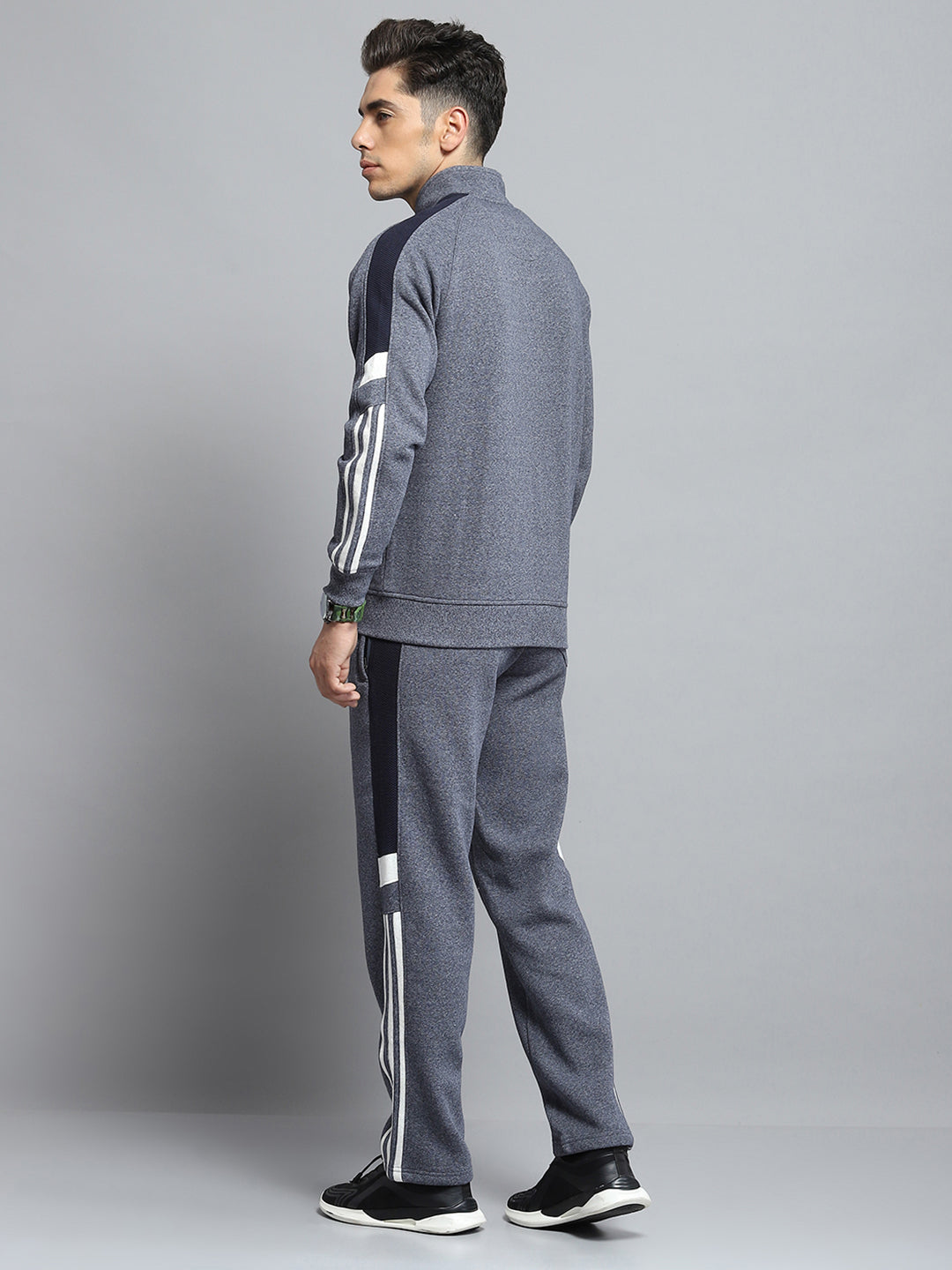 Men Grey Self Design Mock Neck Full Sleeve Winter Tracksuit