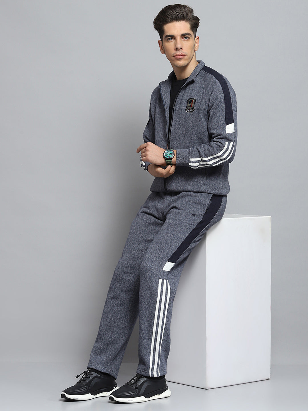 Men Grey Self Design Mock Neck Full Sleeve Winter Tracksuit