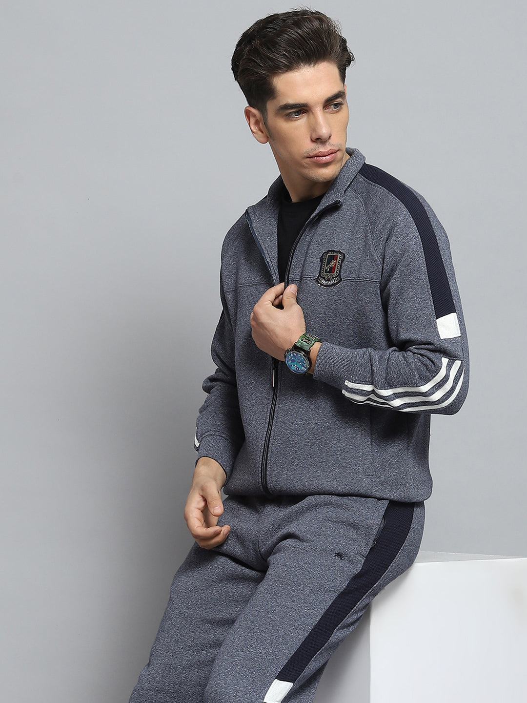Men Grey Self Design Mock Neck Full Sleeve Winter Tracksuit