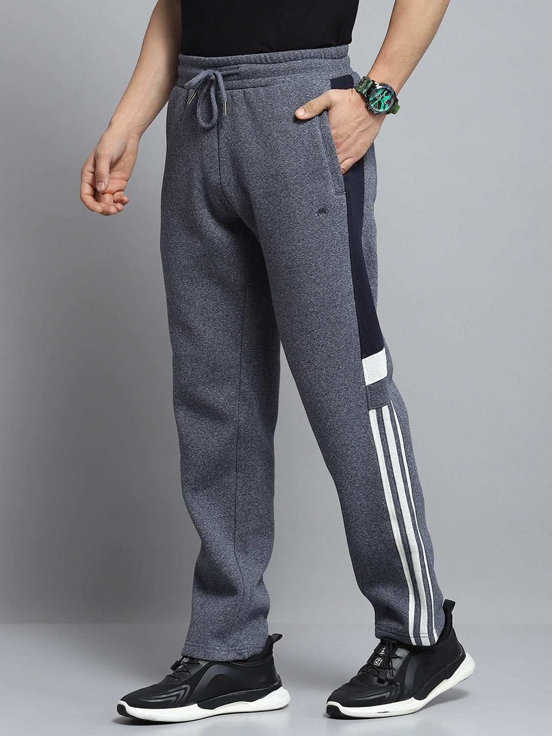 Men Grey Self Design Mock Neck Full Sleeve Winter Tracksuit