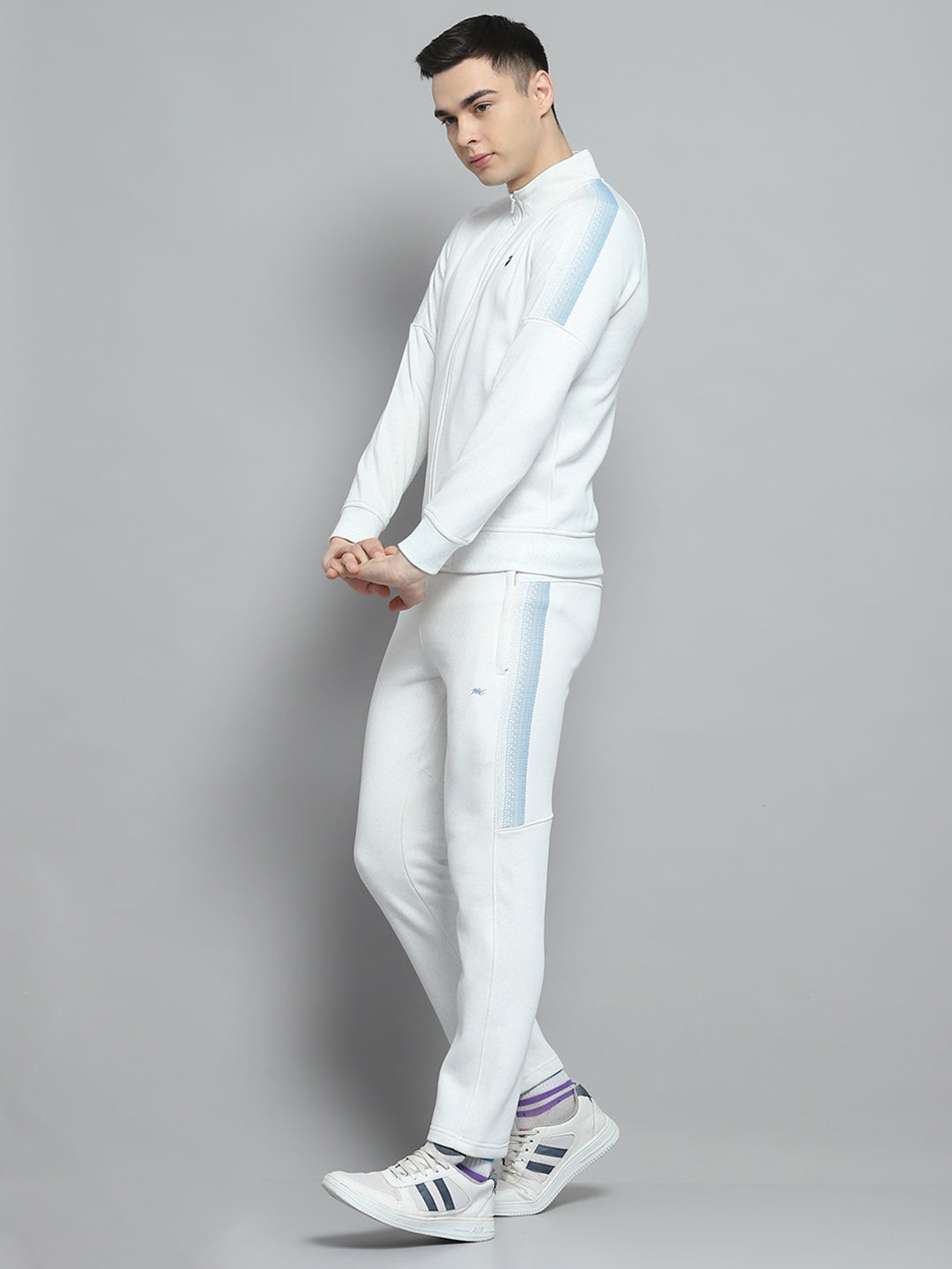 Men Sky Blue Printed Mock Neck Full Sleeve Winter Tracksuit