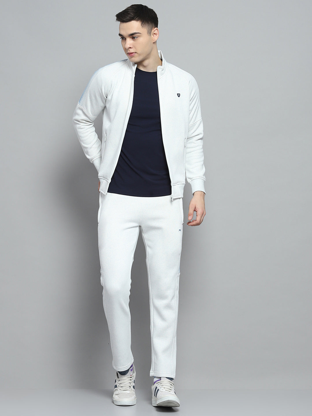 Men Sky Blue Printed Mock Neck Full Sleeve Winter Tracksuit