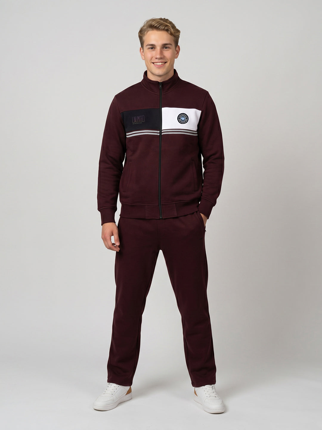 Men Maroon Printed Stand Collar Full Sleeve Winter Tracksuit