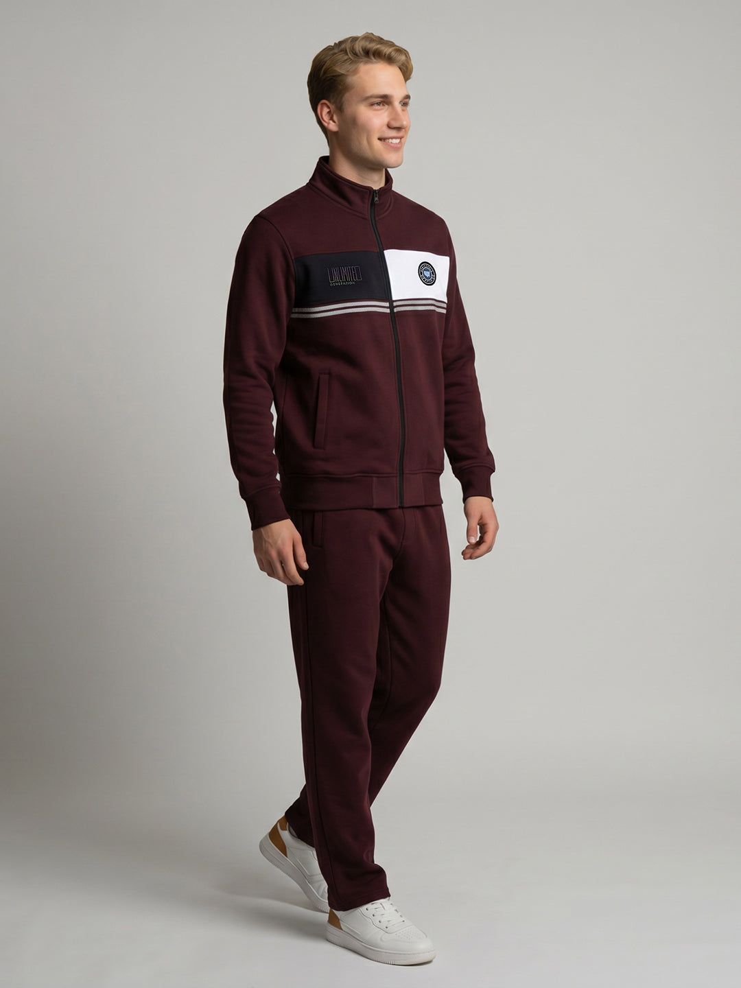Men Maroon Printed Stand Collar Full Sleeve Winter Tracksuit