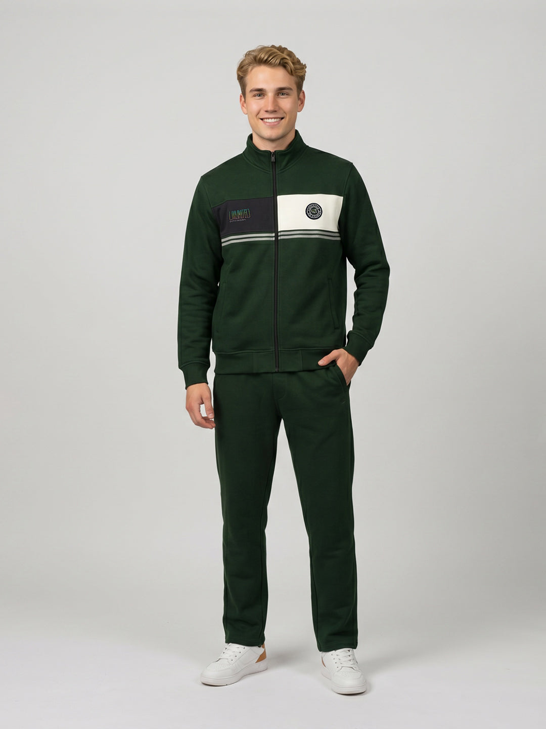 Men Green Printed Stand Collar Full Sleeve Winter Tracksuit