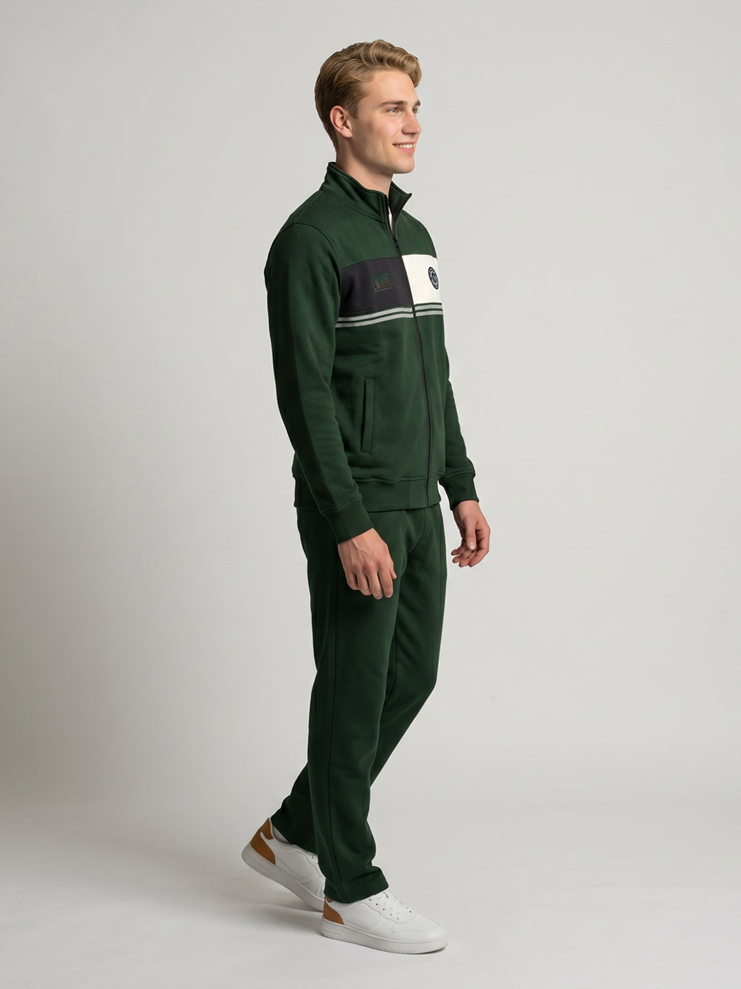 Men Green Printed Stand Collar Full Sleeve Winter Tracksuit