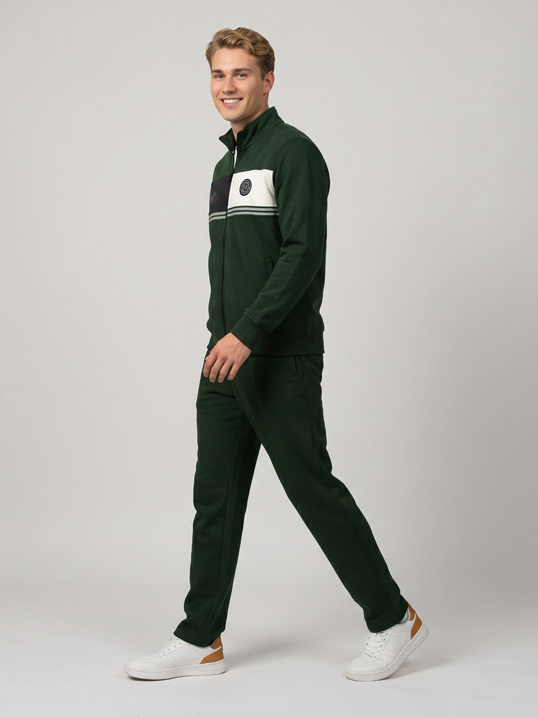 Men Green Printed Stand Collar Full Sleeve Winter Tracksuit