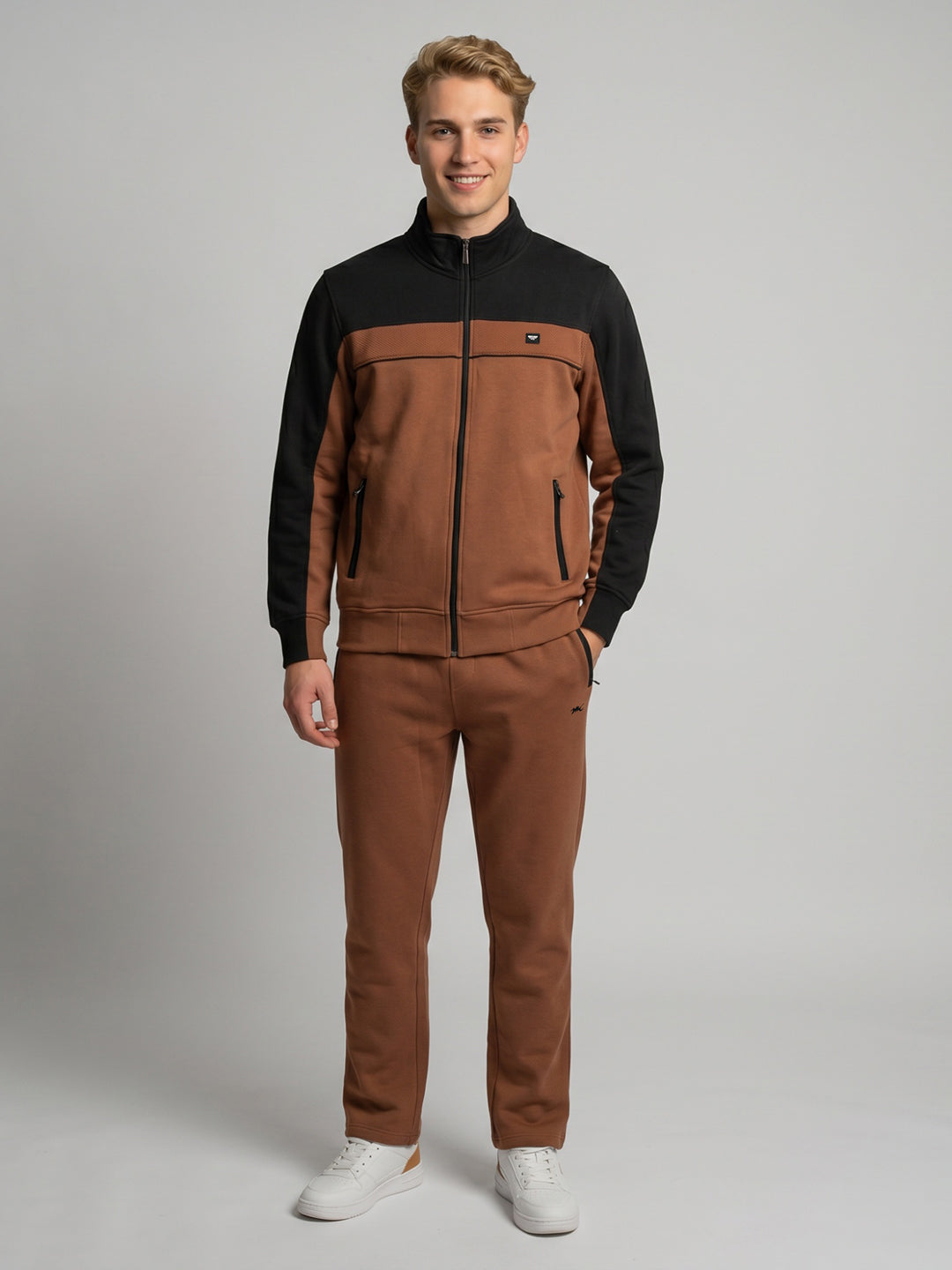 Men Brown Solid Turtle Neck Full Sleeve Winter Tracksuit