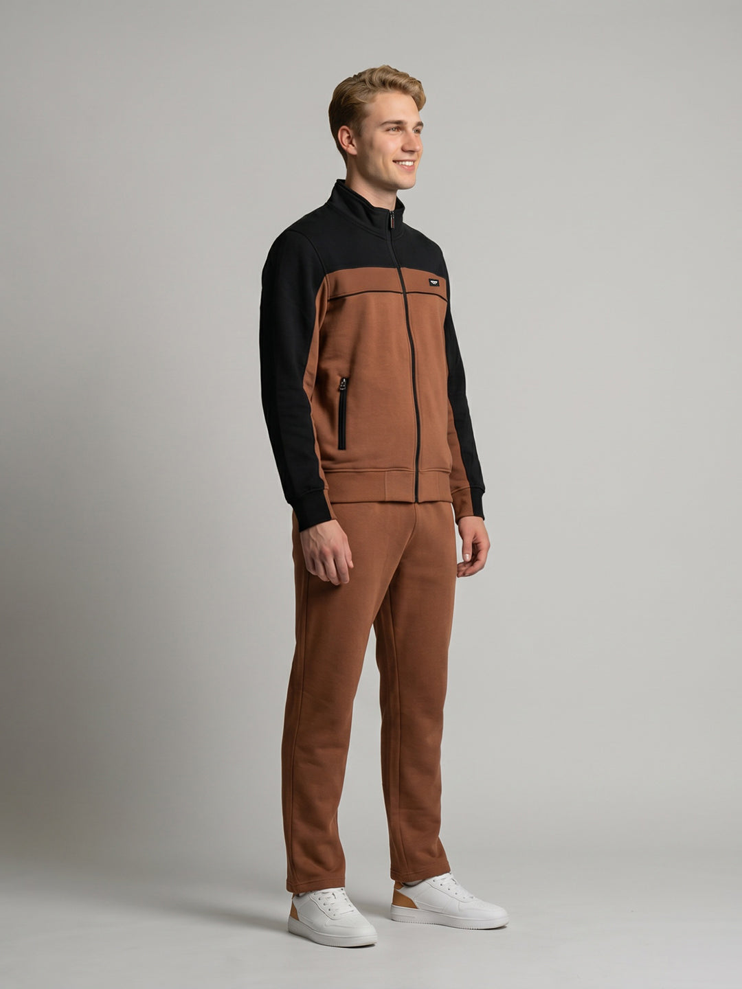 Men Brown Solid Turtle Neck Full Sleeve Winter Tracksuit