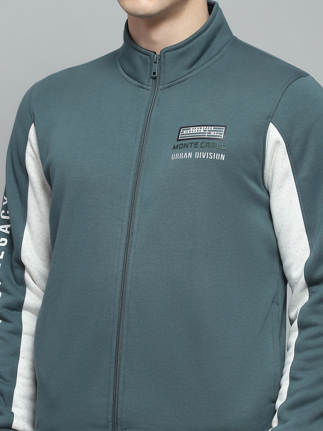 Men Green Printed Mock Neck Full Sleeve Winter Tracksuit