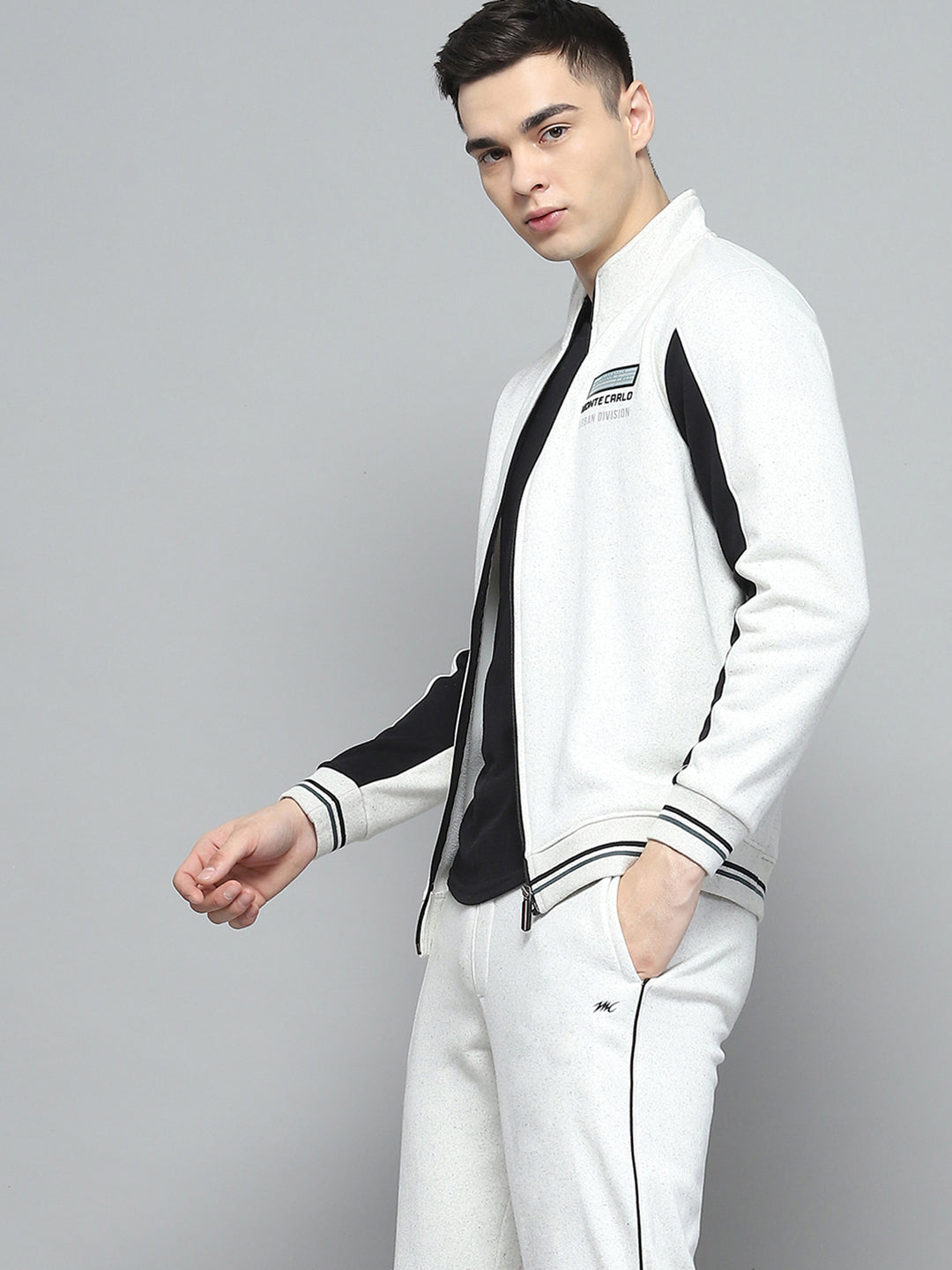 Men White Printed Mock Neck Full Sleeve Winter Tracksuit